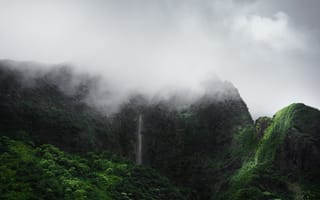 Картинка горы, водопад, природа, туман, зелень, ландшафт, пейзаж
