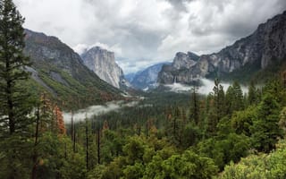 Картинка природа, горы, лес, пейзаж, облака, водопад, долина