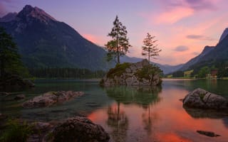 Картинка природа, горы, озеро, закат, пейзаж, деревья, камни