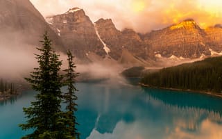 Картинка природа, горы, озеро, лес, закат, туман, пейзаж
