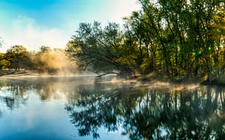 Картинка природа, река, утро, туман, деревья, солнце, отражение