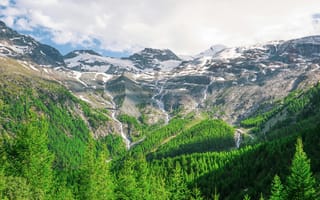 Картинка горы, природа, пейзаж, лес, водопады, снег, небо