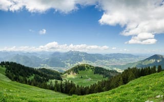 Картинка горы, пейзаж, природа, небо, лес, долина, облака, зелень, отдых, пейзажный