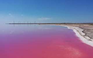 Картинка озеро, розовый, природа, пейзаж, небо, ветряные мельницы, вода