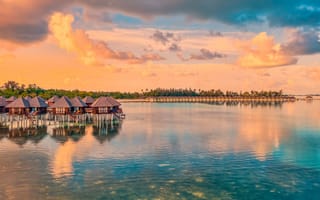 Картинка отдых, море, пейзаж, закат, отель, природа, водные бунгало