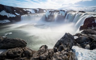 Картинка водопад, природа, пейзаж, лед, камни, река, небо