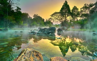 Картинка природа, водоем, камни, утро, туман, деревья, пейзаж