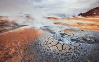 Картинка гейзер, пейзаж, природа, земля, дым, горячие источники, ландшафт