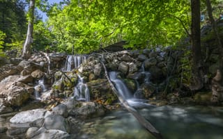 Картинка водопад, природа, река, камни, деревья, пейзаж, лето