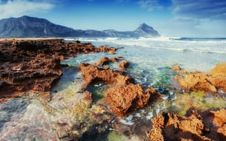 Картинка море, пейзаж, скалы, природа, пляж, горы, водная поверхность