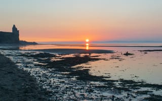 Картинка закат, море, пейзаж, природа, пляж, скалы, отражение