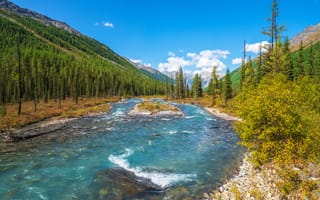 Картинка река, природа, горы, лес, пейзаж, небо, вода, осень, отдых, красота