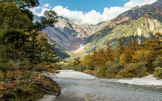 Картинка природа, горы, река, осень, пейзаж, лес, облака