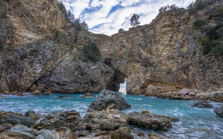 Картинка море, скалы, природа, пейзаж, водопад, небо, отдых