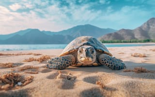 Картинка черепаха, пляж, море, природа, пейзаж, горы, песок