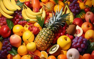 Картинка фрукты, ананас, ягоды, бананы, цитрусовые, овощи, разнообразие