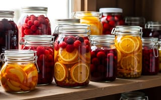 Картинка консервация, фрукты, ягоды, банки, домашние, декор, лето