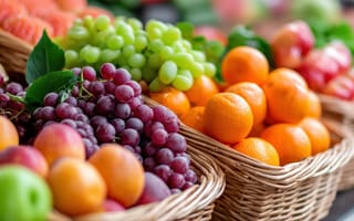 Картинка фрукты, гроздья, апельсины, виноград, зеленый, корзины, свежесть, еда, натюрморт
