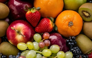 Картинка фрукты, ягоды, яблоки, апельсины, виноград, киви, красные ягоды, зеленые яблоки, черника, натуральные