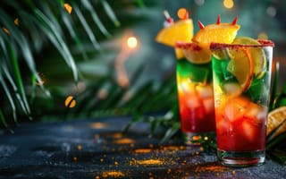 Картинка коктейли, напитки, лето, фрукты, пальмы, освежающий, цветной