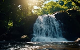 Картинка водопад, природа, лес, пейзаж, свет, вода, камни, отдых, спокойствие