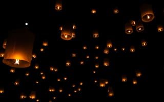 Картинка фонари, ночное небо, освещение, праздник, атмосфера, красота, магия