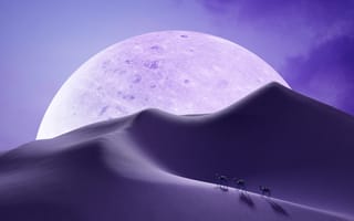 Картинка луна, пейзаж, пустыня, животные, ночь, фантазия, горы