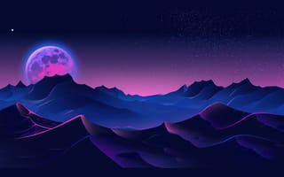 Картинка пейзаж, горы, луна, ночь, космос, абстракция, свет