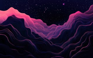 Картинка горы, абстракция, пейзаж, ночное небо, линии, звезды, цвета