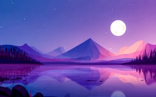 Картинка пейзаж, горы, луна, озеро, ночь, природа, графика