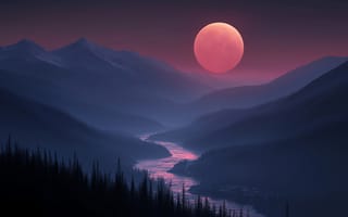 Картинка пейзаж, горы, река, луна, закат, природа, туман