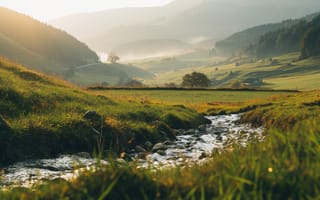 Картинка природа, пейзаж, горы, река, закат, зелень, тишина