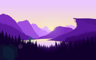 Картинка пейзаж, горы, озеро, солнце, лес, фон, природа, восток, синий, пурпурный