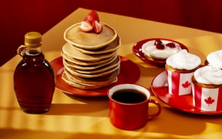 Картинка блинчики, кленовый сироп, кофе, десерт, клубника, выпечка, еда