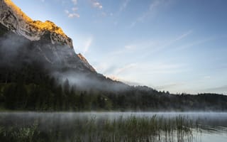 Картинка горы, озеро, природа, туман, пейзаж, закат, лес