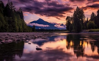 Картинка природа, горы, река, закат, отражение, лес, пейзаж