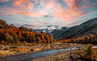 Картинка природа, горы, река, осень, пейзаж, закат, лес