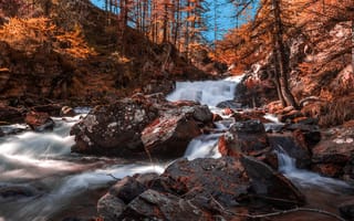 Картинка река, осень, природа, пейзаж, камни, водопад, лес