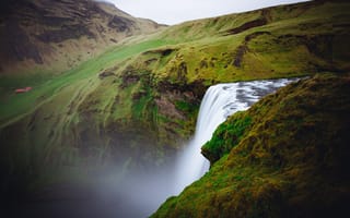 Картинка водопад, природа, пейзаж, Исландия, зелень, горы, мгла