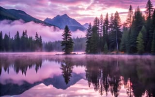 Картинка природа, озеро, горы, лес, закат, отражение, пейзаж, туман, красота, спокойствие