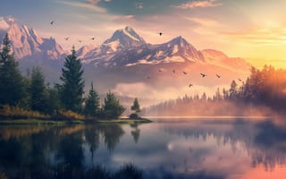 Картинка природа, горы, озеро, закат, лес, пейзаж, птицы