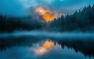 Картинка горы, озеро, природа, туман, отражение, лес, закат