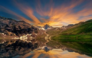 Картинка горы, озеро, закат, природа, отражение, пейзаж, небо