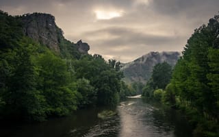 Картинка река, природа, горы, лес, облака, пейзаж, тишина