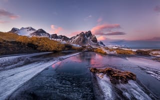 Картинка горы, природа, пейзаж, закат, ледник, река, Исландия, зима, отражение, небо