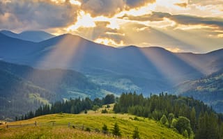 Картинка горы, природа, закат, пейзаж, лес, облака, свет