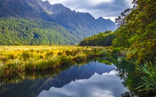 Картинка природа, горы, река, отражение, пейзаж, лес, водоем, зелень, небо, поля