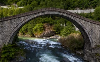 Картинка мост, река, природа, пейзаж, зелень, камень, водопад
