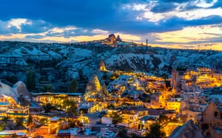 Картинка пейзаж, Каппадокия, закат, город, туризм, природа, ночь