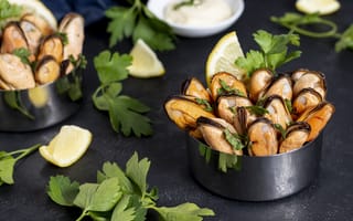 Картинка мидии, морепродукты, еда, кулинария, петрушка, лимон, блюдо